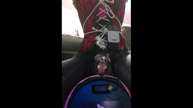 Trans Sissygasm though electric chastity belt with urethral plug while ridding sybian dildo attached