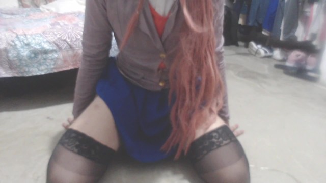 Trap rides dildo while wearing Monika cosplay from DDLC (Funkyo Enma)