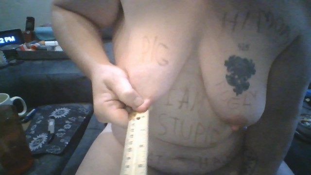 Chubby Fat FTM Humiliation Slut Measures Body Parts and Slaps Self With Ruler and Masturbating BDSM